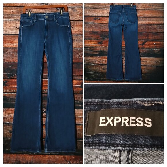 Express Jeans Size 10 Slim Flare High Rise Dark Blue Denim Stretch - Picture 1 of 8